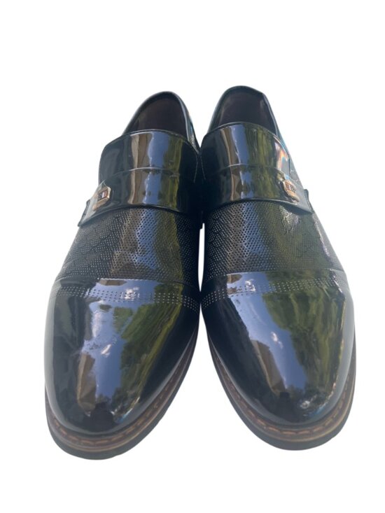 Mens Black Patent Leather Dress Shoes With Gold Buckle Detail Size 46 main image 5